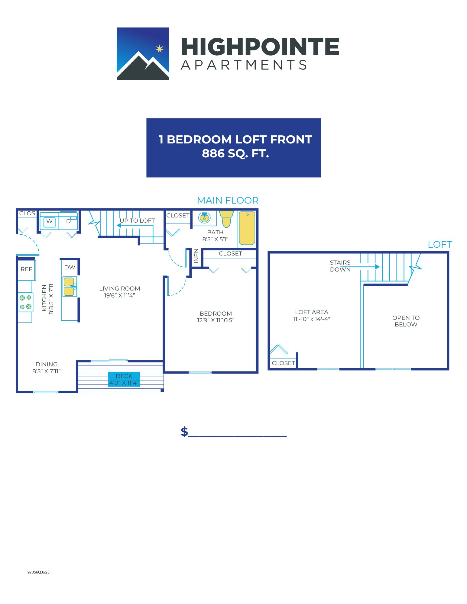 Floor plan for 1 bed, 1 bath, 886 sqft